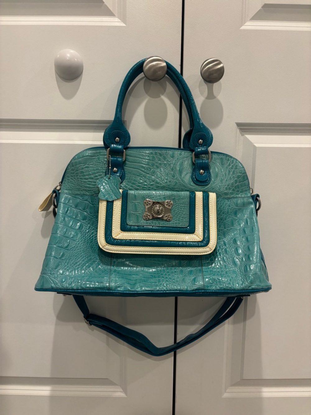 Marc Chantel Turquoise Croc-Embossed Satchel with Cream Trim - Authentic Leather